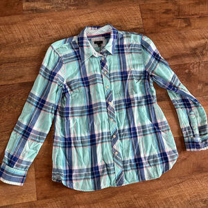 Women's Talbots Plaid Button Down Shirt MP Blue Green